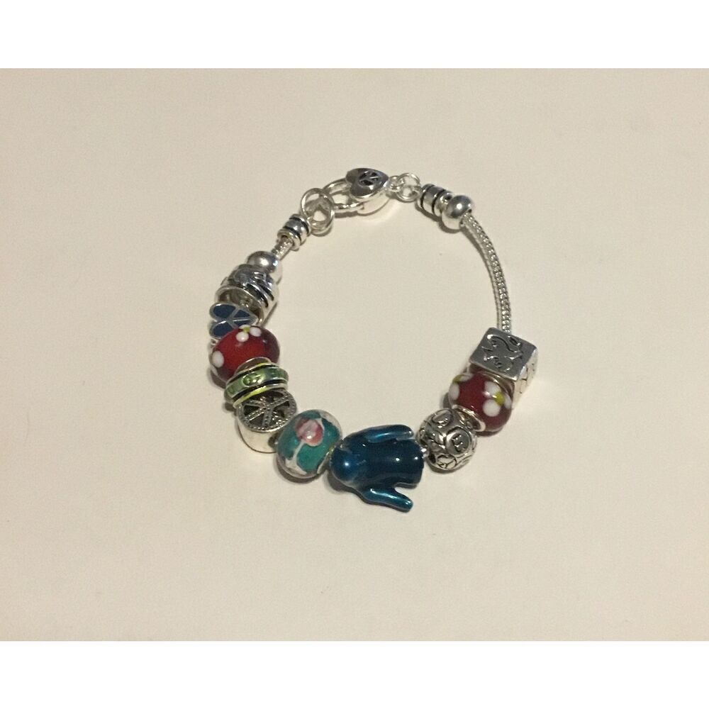 Silver Peace Theme Murano Bead Bracelet~kn